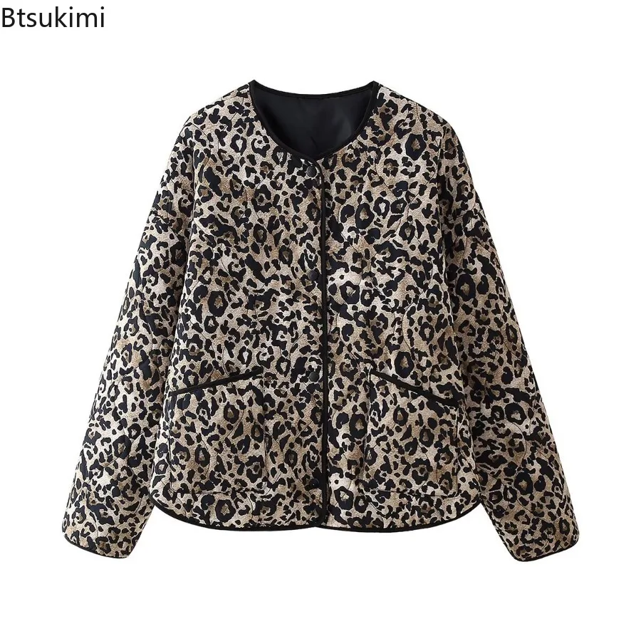 New Women's Autumn Winter Animal Print Jacket Top Round Neck Long Sleeve Single-breasted Cotton Jacket Coat Winter Coat Parkas
