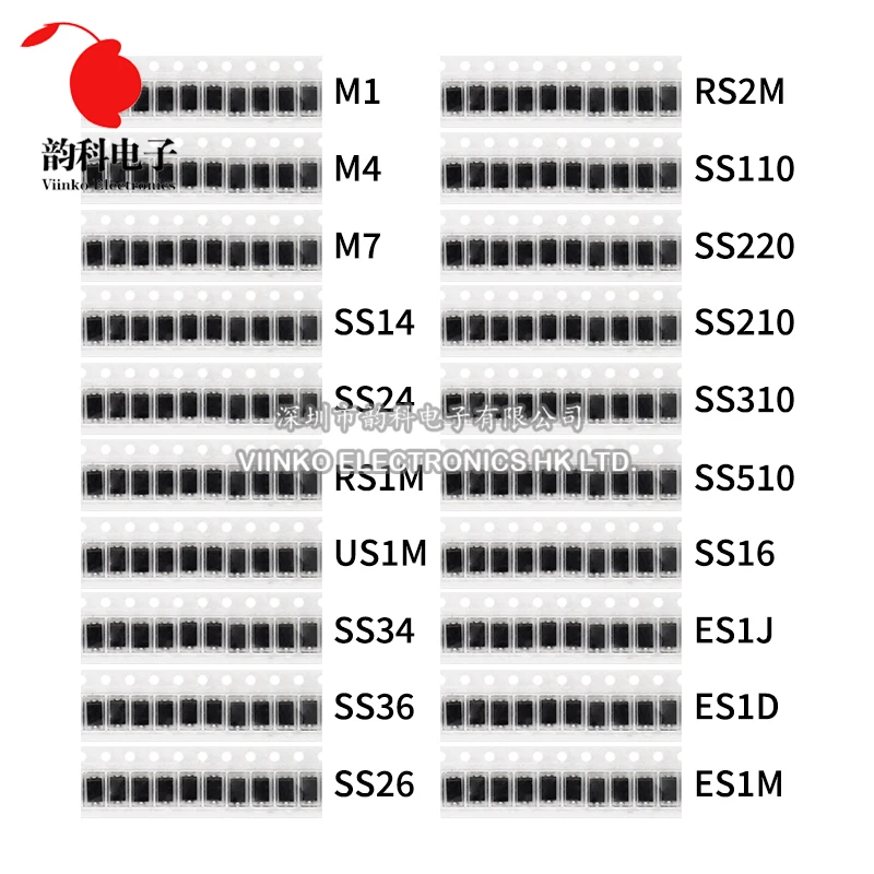 200pcs/lot SMD Diode Assorted Kit M1 M4 M7 SS14 SS24 SS34 SS210 SS510 RS1M US1M ES1M 20ValuesX10pcs Electronics SMA Diodes Set