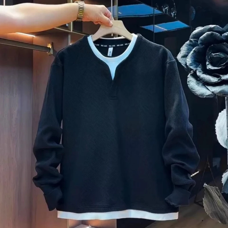 Kaus Hoodie Longgar Tren Dua Potong Palsu Baru Musim Semi Musim Gugur Atasan Kasual Tambal Sulam Lengan Panjang Pakaian Pria Antik Mode