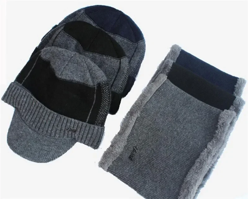 Ensemble de 2 pièces pour hommes et femmes, chapeau, écharpe, chaud, tricoté, en peluche, couleur mixte, anneau, écharpe avec bord, visière en tricot, accessoires masculins, hiver