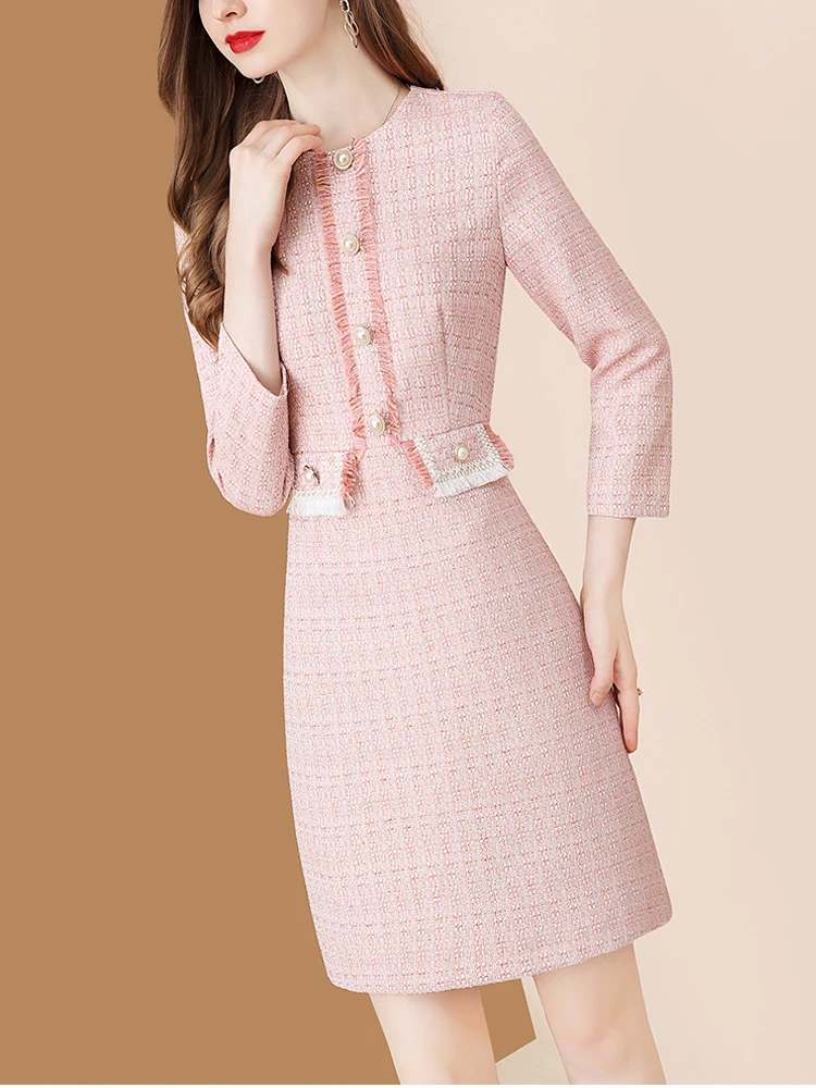 EVNISI Pink Dress For Women Tweed Patchwork Knitted Peter Pan Collar Dresses Office Lady Plaid Vestidos 2022 Autumn And Winter