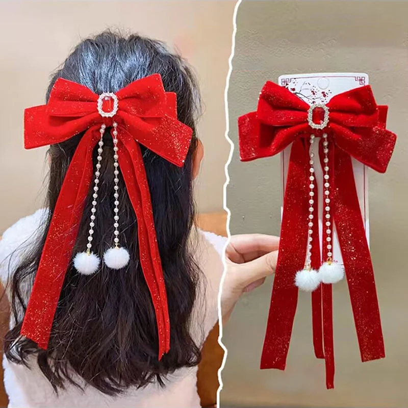 Pinces à cheveux rouges pour enfants, jolies barrettes Hanfu douces pour filles, épingles à cheveux pour enfants, accessoires pour cheveux de Noël, convocation du Nouvel An