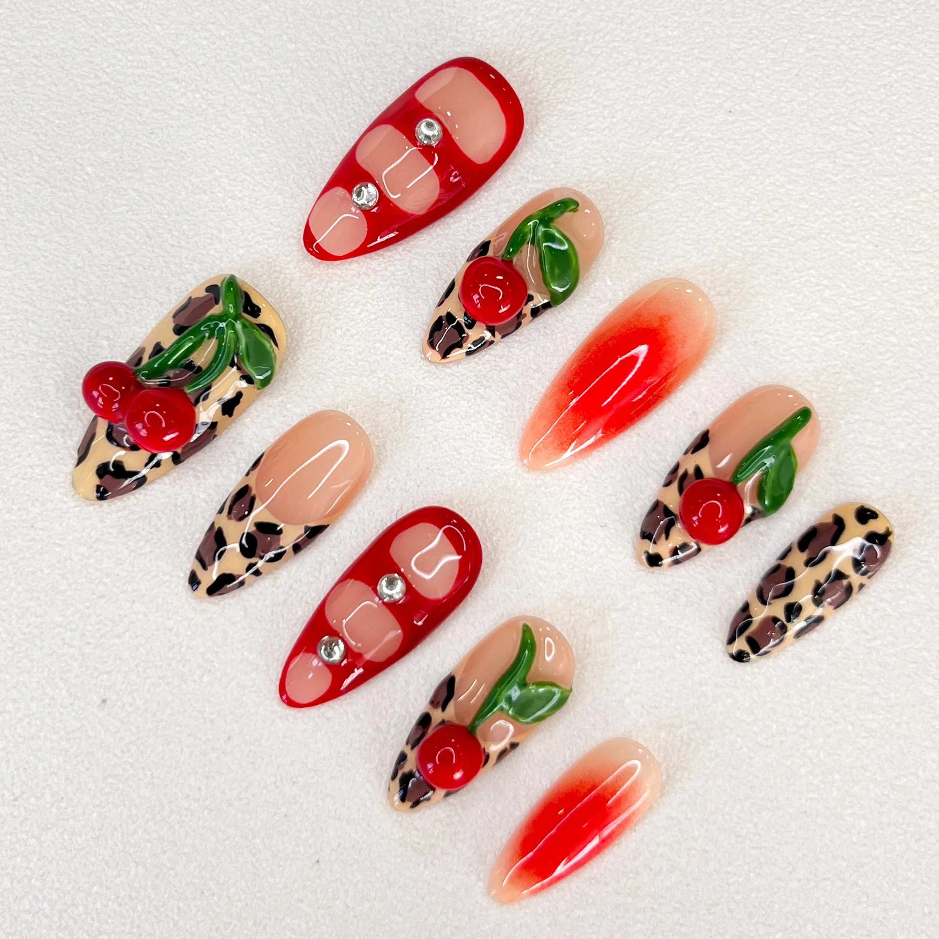 10 Pieces of Hand Manicure Medium Almond False New 3D Cherry Nails Press Nails Design, Press on Nails