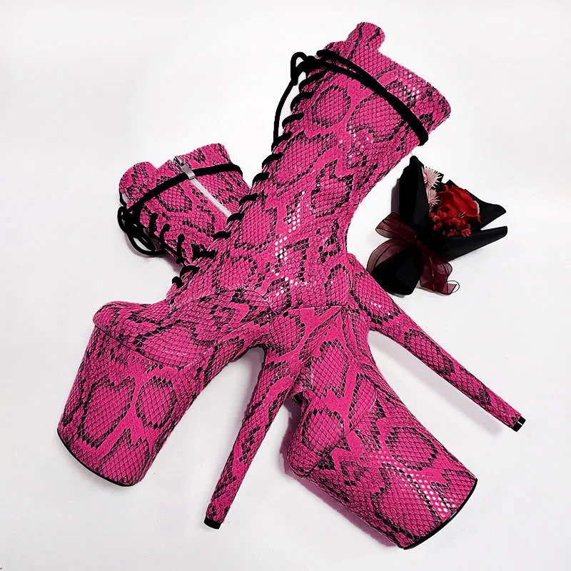 

Snake Pattern Round Toe Mid-Calf Platform Women Boots Stiletto Super High Heels Lace Up Design Large Size Sexy Nightclub Shoes