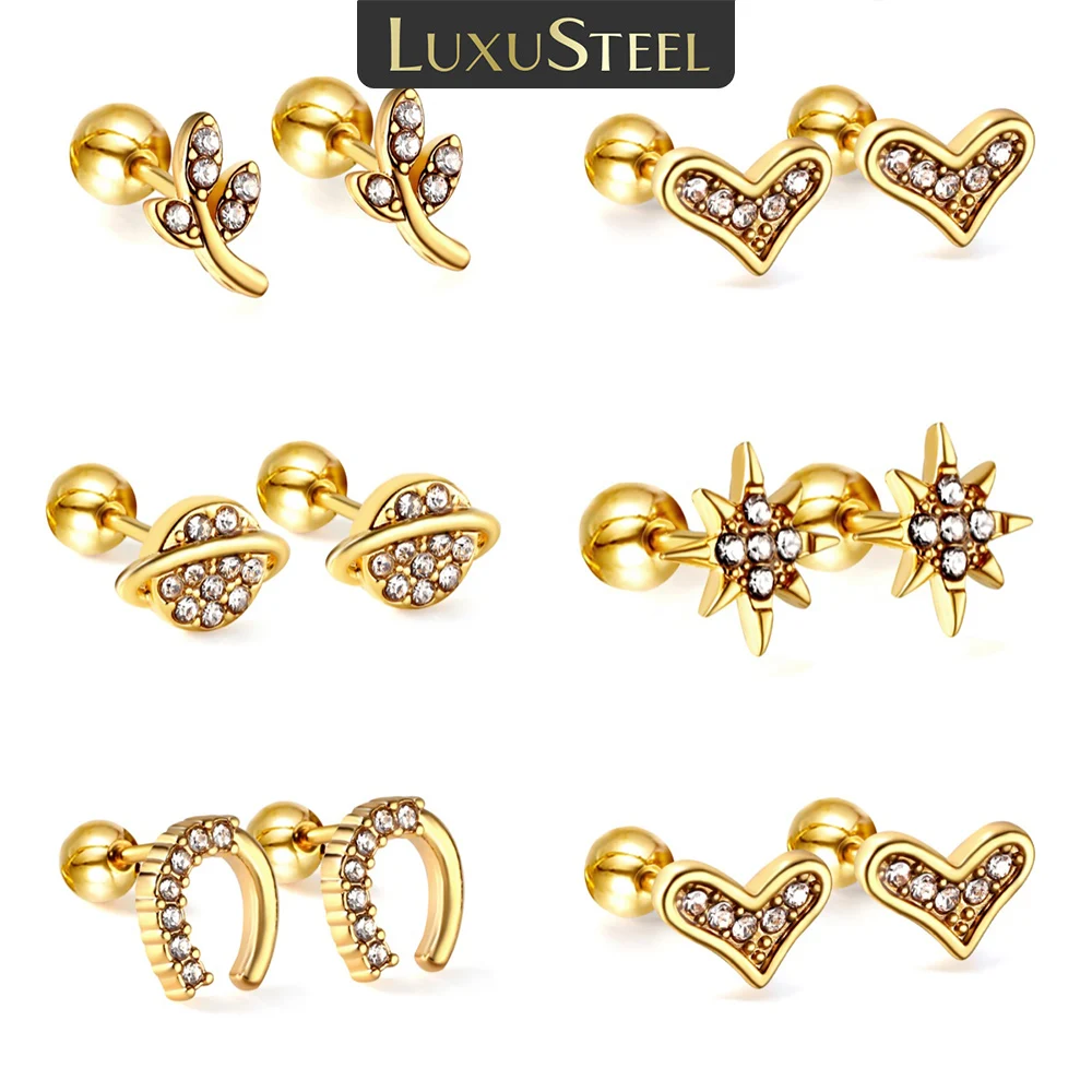 LUXUSTEEL Golden Cubic Zirconia Heart Shape Women's Hoop Earrings Stainless Steel Earring Christmas Style Party Jewelry Gifts