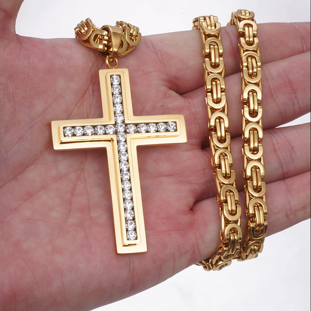 Silver/Gold/Black Luxury Bling Titanium Steel Cross Pendant Necklace Men/Women Hip Hop Jewelry Gift