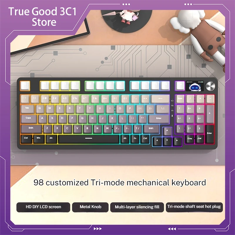 Custom Wired Mechanical Keyboard 98 Key Wireless Bluetooth Tri-mode Hot Plug Axis Display Knob Game Office Computer Peripherals