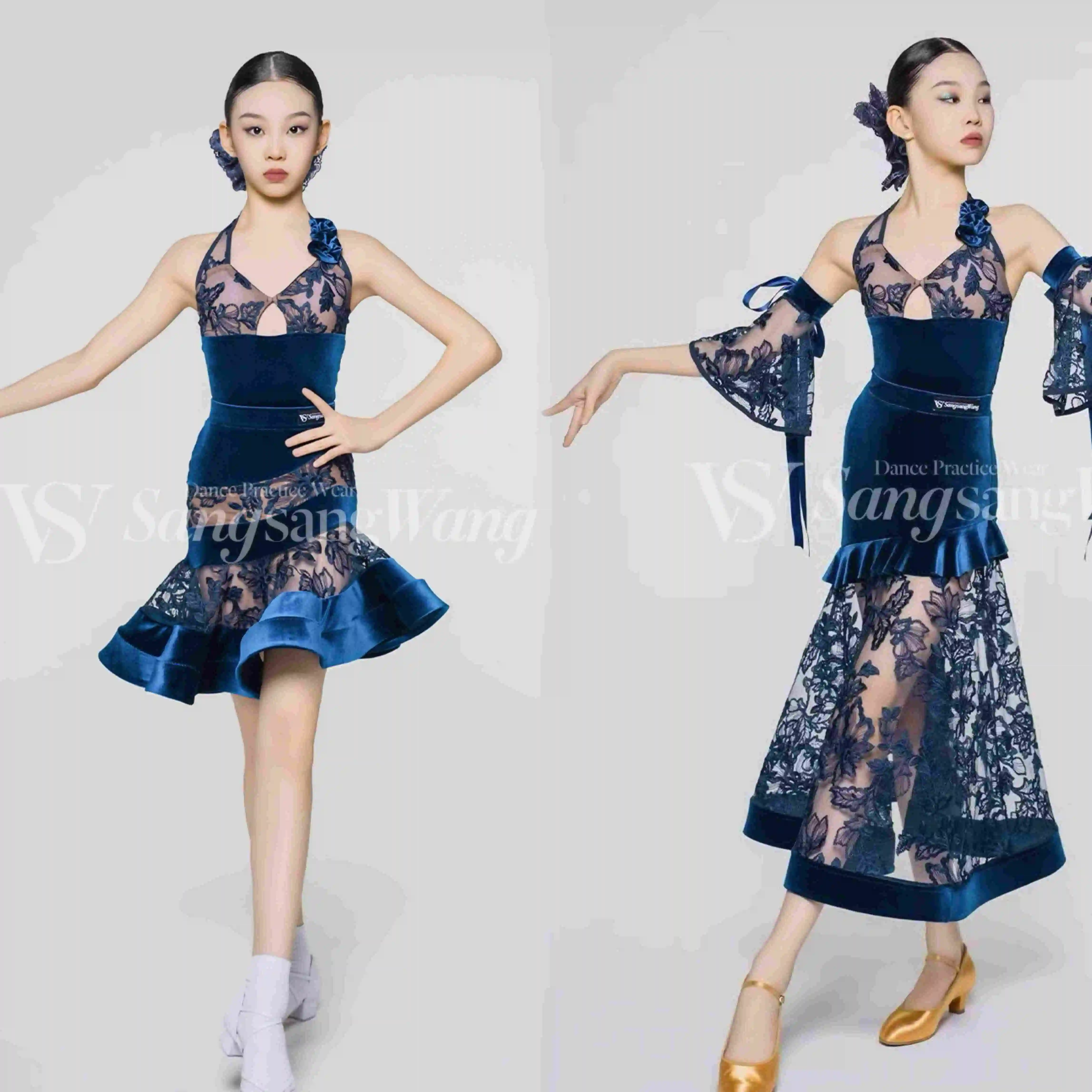 Meisjes Latin Danskostuum Ballroom Dansvoorstelling Kleding Kanten Tops Visgraat Rok Oefenkleding Competitie Jurk DNV23986