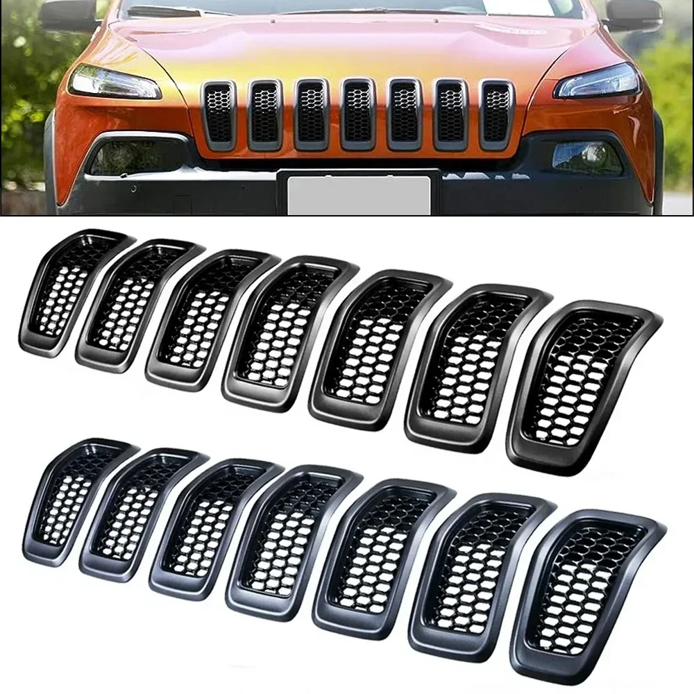 7pcs Car Front Grill Racing Front Bumper Grille Insert Trims Ring Cover Vent Hole Frame Garnish For 2014-2018 Jeep Cherokee