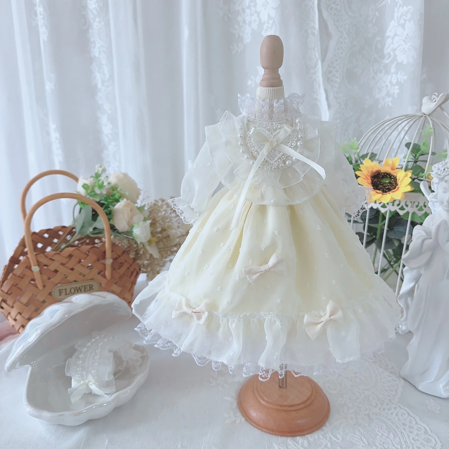 BJD Doll Clothes Fit 1/3 1/4 1/6 size Light yellow Plaid Lace Long Sleeve Pearl Dress Doll Accessories (skirt + headdress)