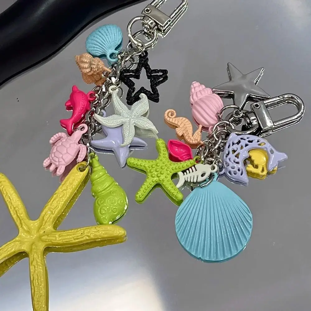 

Cute Ocean Style Keychain Alloy Dolphin Beaded Starfish Turtle Keyring Fish Candy Color Shell Tassel Pendant Backpack Decor