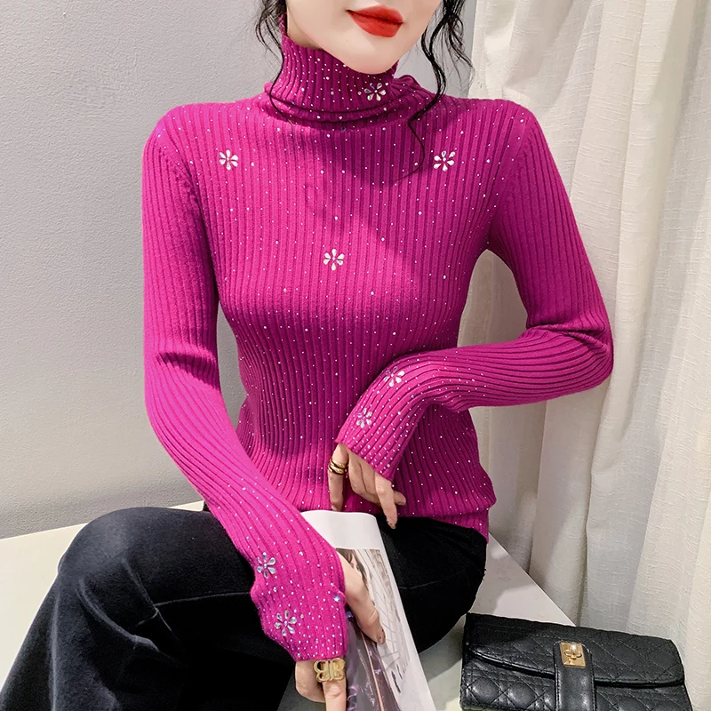 MadBlack European Clothes Sweater Women Turtleneck Hot Drill Thicken Warm Knit Slim Tops Long Sleeve Autumn Winter T30677JM