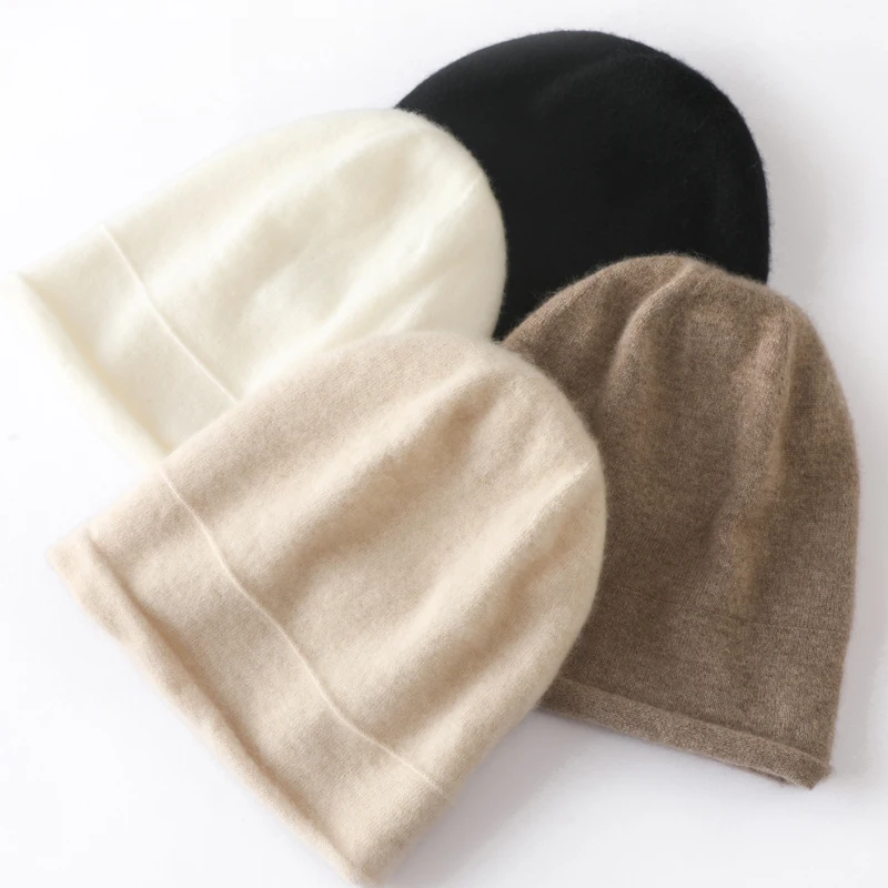 Women Hat 100% Goat Cashmere Knitted Hooded 4Colors Soft Keep Warm Hats For Ladies HG01