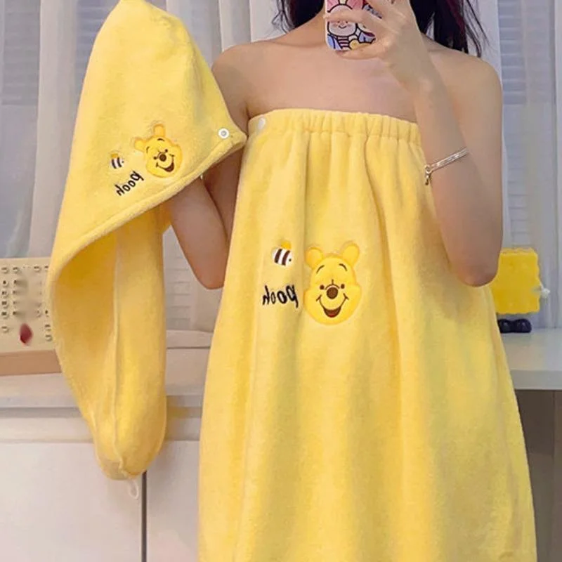 Disney-winnie The pooh bearぬいぐるみヘアキャップ、シャワースカート、かわいいアニメ準備バスローブ、学校のアクセサリーにタオル旅行、ドライ、2個