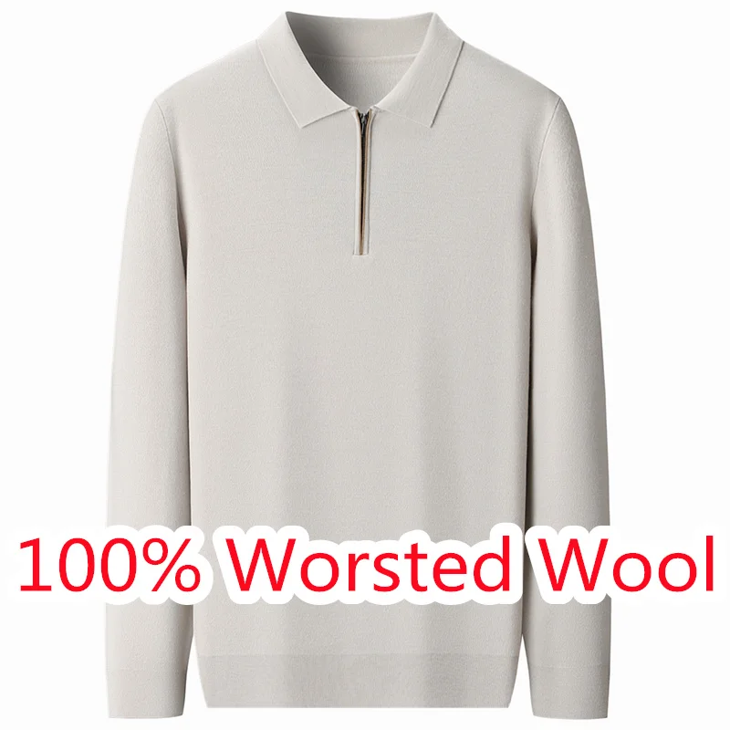 100% ウール混紡ポロシャツ 高級メンズ クラシック ターンダウンカラー ニットTシャツ 長袖 男性用 羊毛 ジップアップ ジャンパー プルオーバー