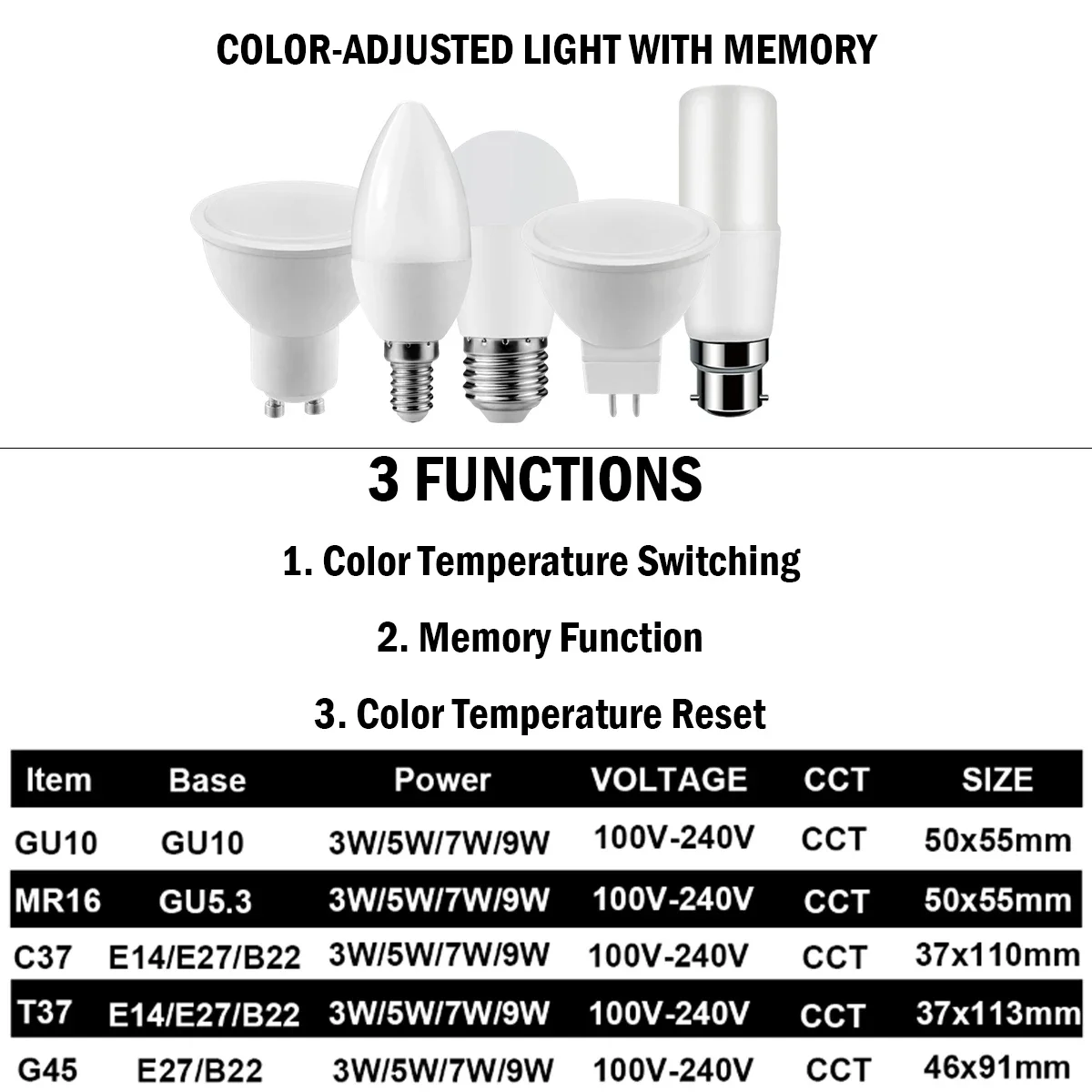 New Style LED Smart Bulb 3 Color-Adjusted with Memory 2PCS 3W-7W AC100-240V B22 E27 E14 High light efficiency without flicker