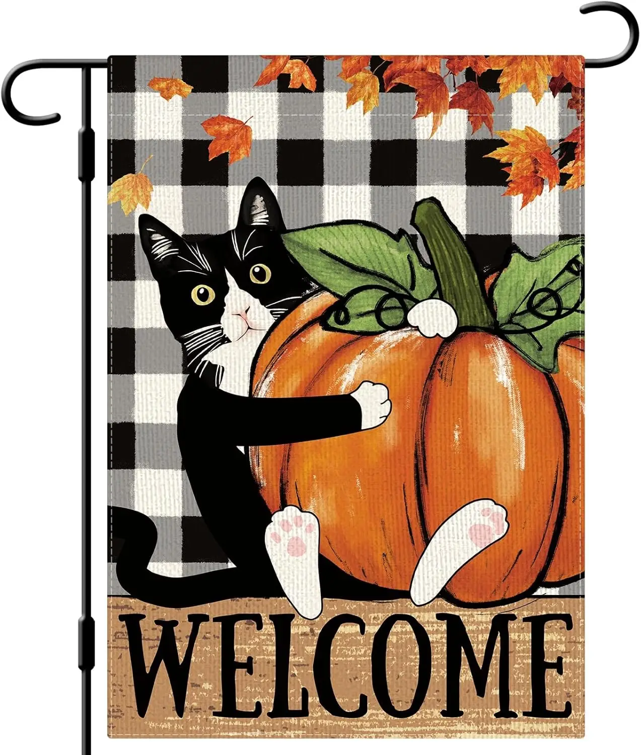 DLZDN Welcome Fall Cat Garden Flag Tuxedo Cat Pumpkins Maple Leaves Flag 12×18 Inch Double Sided Buffalo Plaid Farmhouse Yard Fl