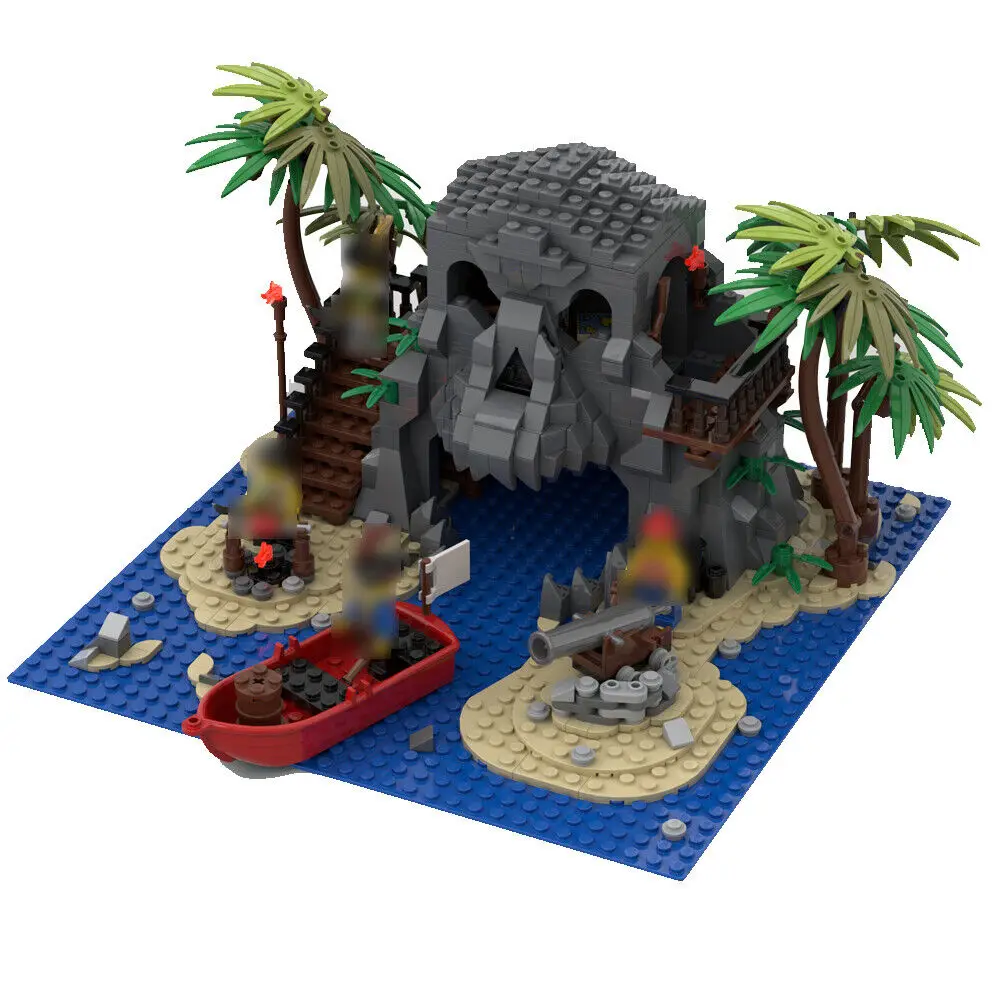 Pirate Island Model with a Boat, Cannon and Palm Trees 1157 Pieces MOC Build