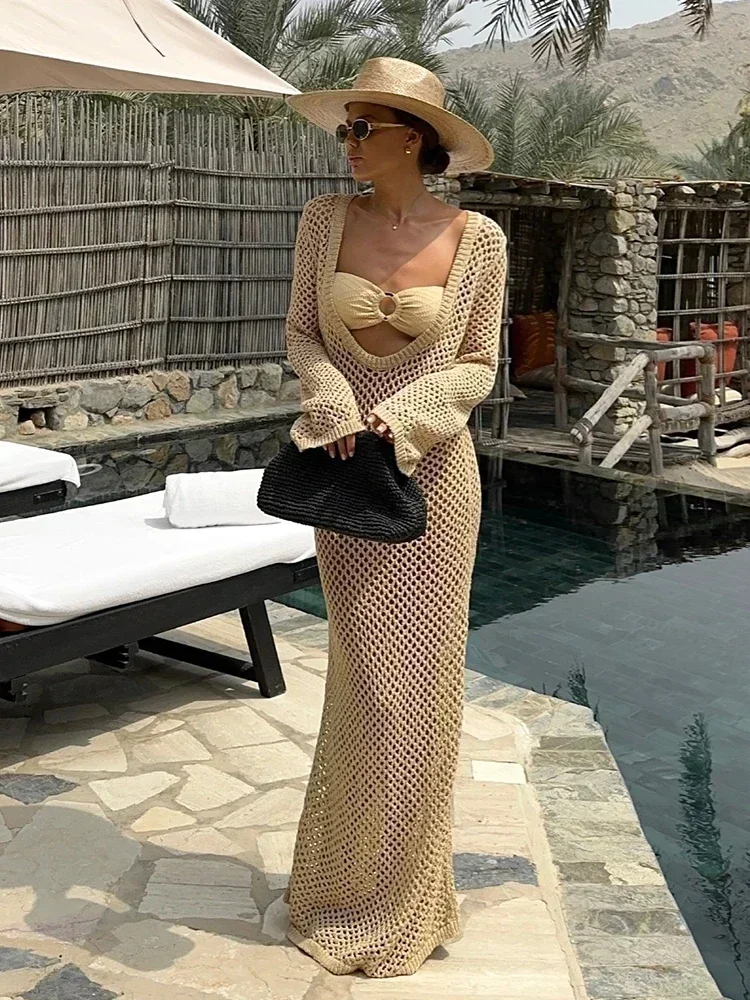 

Sexy U-neck Bell Sleeve Knit Maxi Dress Summer 2026 Women Swimwear Feminine Bikinis Cover-ups Holiday Crochet Beach Outfit K21