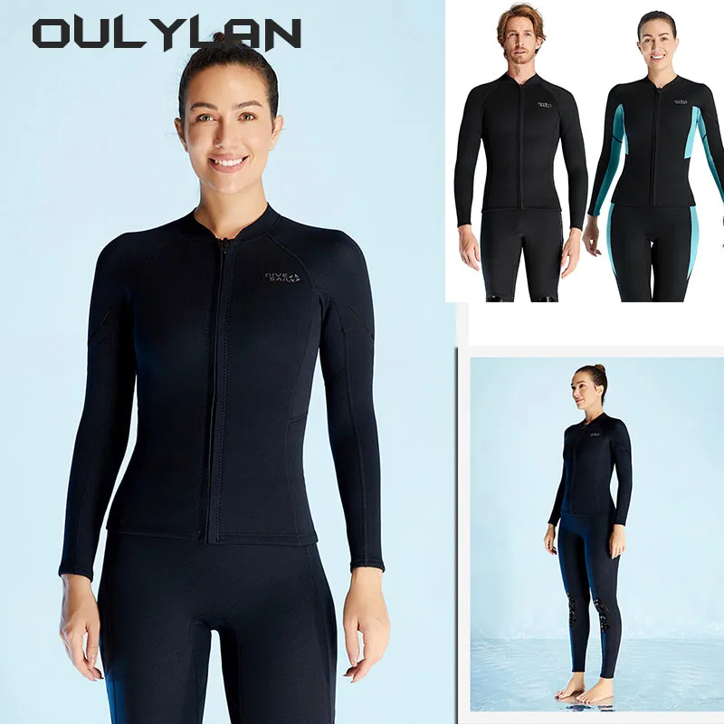 Oullan เสื้อดำน้ำ1.5มม. แขนยาว Baju menyelam Neoprene สำหรับผู้หญิงผู้ชายเสื้อโค้ทดำน้ำตื้นเสื้อแจ็คเก็ตโต้คลื่นชุดว่ายน้ำกันหนาว