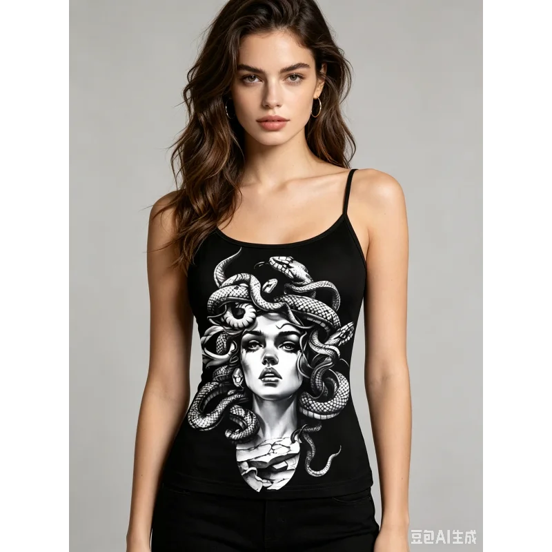 Women's Polyester Medusa Print Tank Top Slim Fit Spaghetti Strap Gothic Y2K Streetwear Cami Top Crop Tops Women Clothing