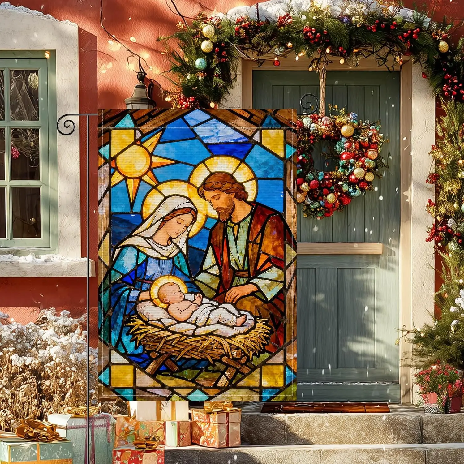 Nativity Scene Garden Flag Double Sided 12x18 Inch Burlap Winter Garden Flag Jesus Mary Joseph Stained Glass Seasonal Flags  GGO