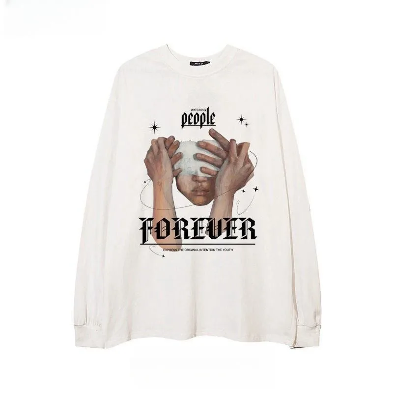 ZAZOMDE Unisex Cotton Long Sleeve T Shirt Hip Hop Style Large Urban Art Print Streetwear Top For Street Dancers Skateboarders