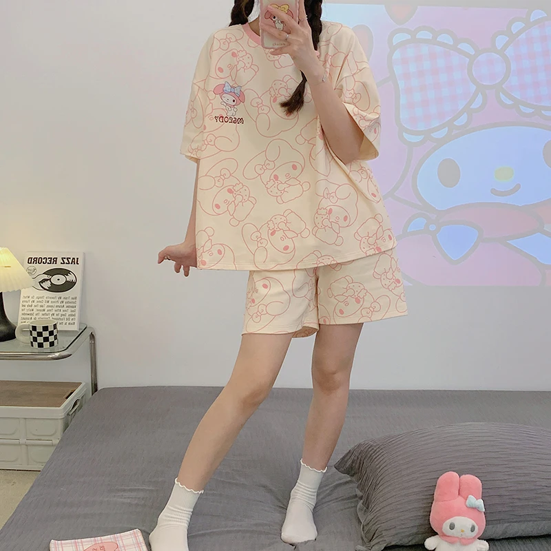 Sanrios Hello Kitty Short Section Ladies Pyjamas Set Pyjamas Women Summer Kawaii Cartoon Loose Pajamas Pajama Trousers Set