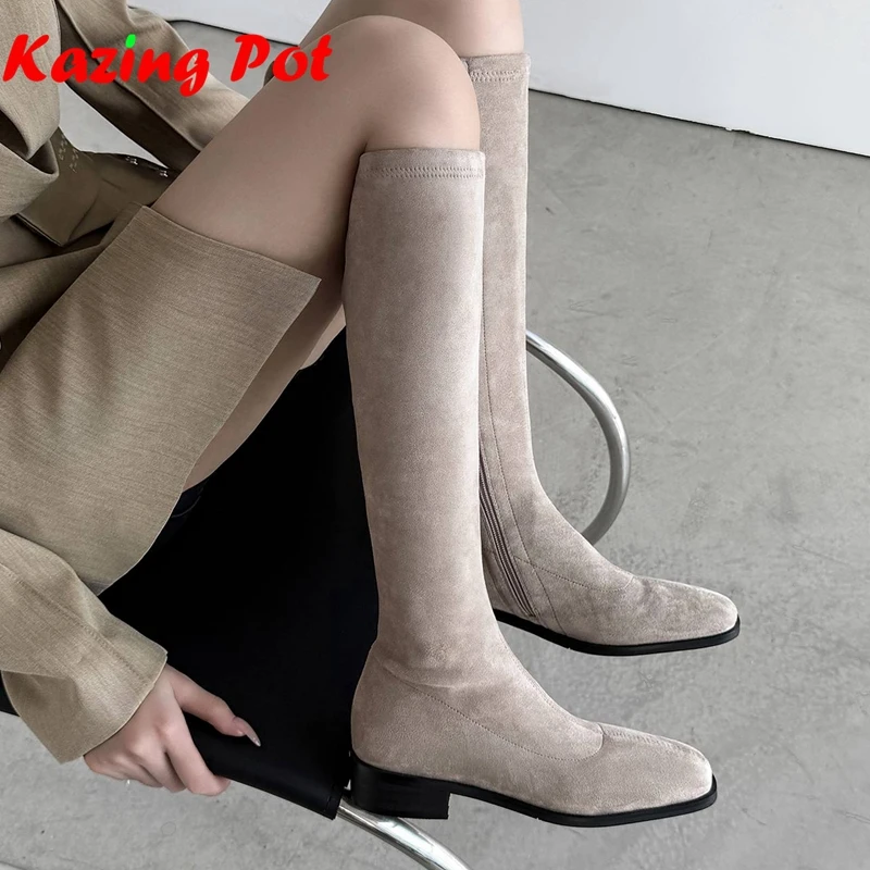 Krazing Pot New Flock Modern Elastic Boots Keep Warm Winter Shoes Street Wear Low Heels Catwalk Zipper Stretch Knee-high Boots