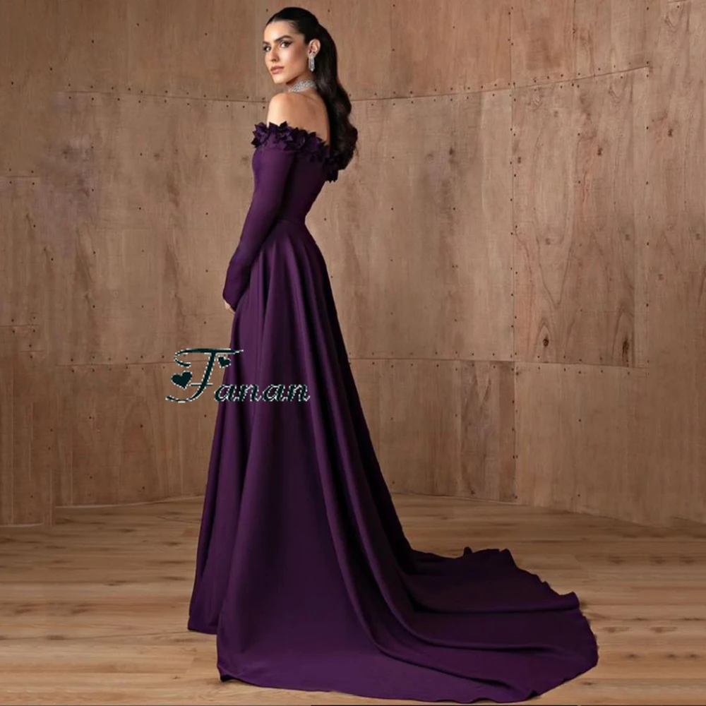 Customized Strapless Purple Flower Pleat Jersey A-line Evening Dresses Sweep Train Full Sleeves Backless Pageant Prom Gowns