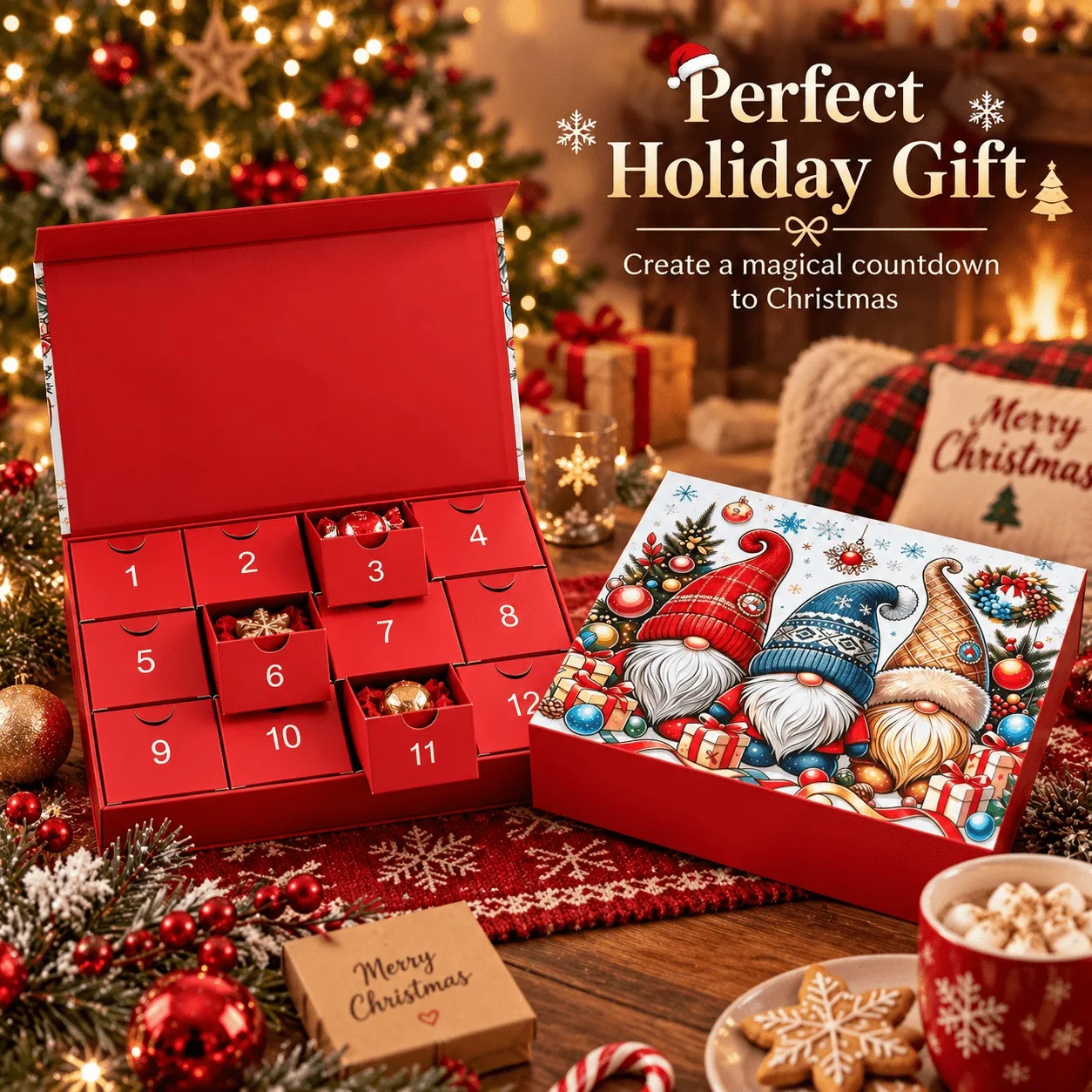 Nordic Gnome Refillable 12-Day Christmas Countdown Keepsake Box, Reusable Empty Advent Gift Box
