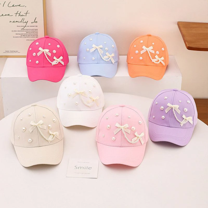 Pearl Pendant Bow Baseball Cap for Girl Duck Tongue Hat Long-Brim Kids Sun Hats Pink Purple Color Children Peaked Caps 2-9Year view 3