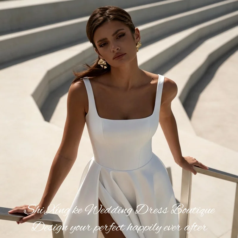 Polished Satin A‑Line Wedding Dress Square Neck Sleeveless High Side Split Chapel Train Bridal Gown Vestidos De Novia Customized
