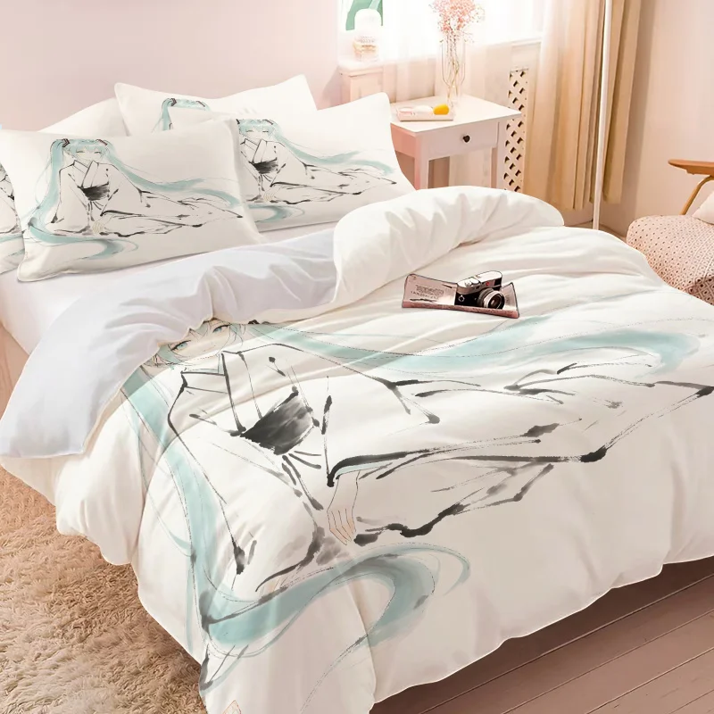 初音ミク日本水墨画布団カバーセット禅スタイルアニメ寝具枕カバー付きゲームルームティーンズベッドルーム装飾ギフト