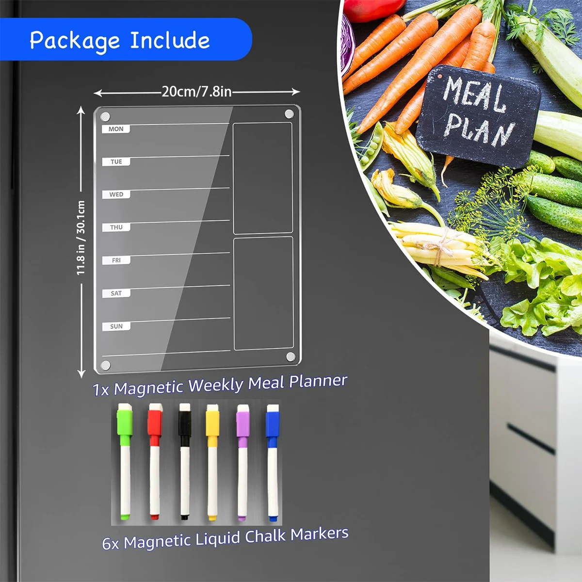 Acrylic Magnetic Weekly Menu Board for Kitchen,Acrylic Magnetic Dry Erase Board for Fridge,Reusable Meal Planner with 6 Color Ma