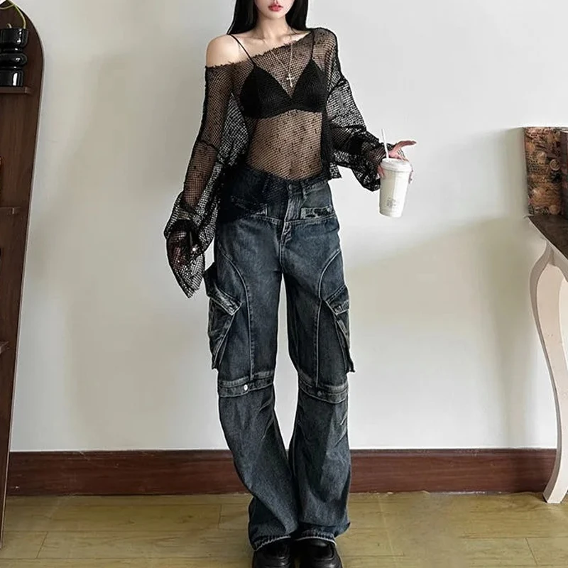 セクシーなメッシュ女性 Tシャツ黒ゴシックスラッシュネック長袖トップス Y2K 夏シックな中空アウトルーズストリート女性 Tシャツ