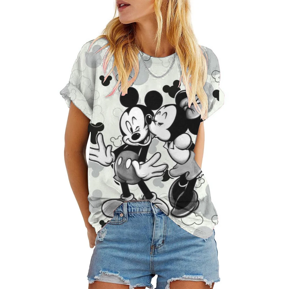 Disney Mickey Mouse Print Summer T Shirt For Women Oversize T-shirt Round Neck Clothes Pulovers Top Graphic T Shirts Casual
