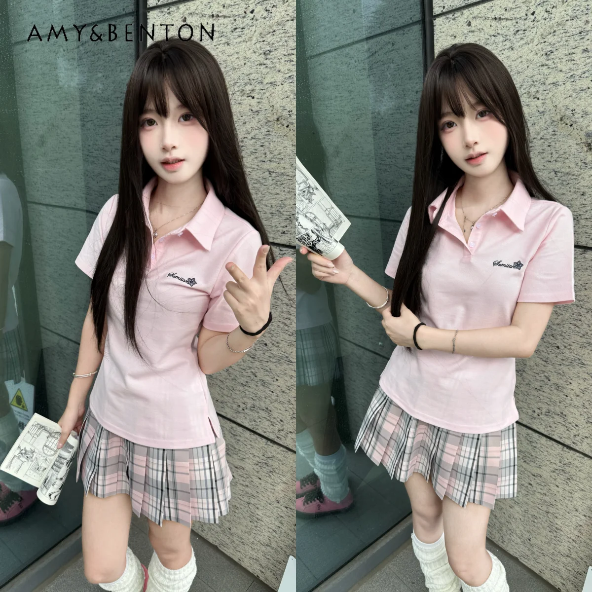 

2026 Summer New Women's Japanese JK Academy Style Pink Green Gray White Polo Shirt Short Pleated Skirt Casual Set