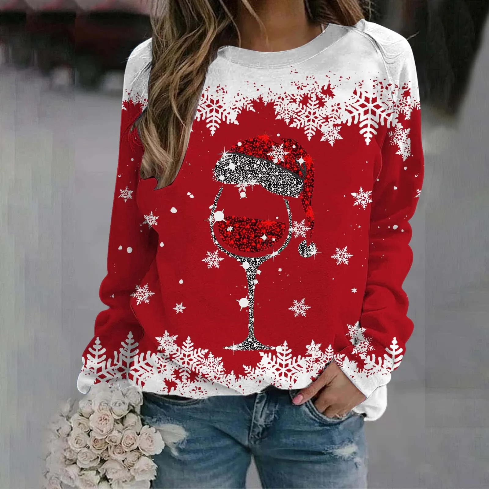 

Christmas Women's Sweatshirt Designer Round Neck Long Sleeve Loose Casual Christmas Wine Glass Gradient Fun Pattern Print Tops