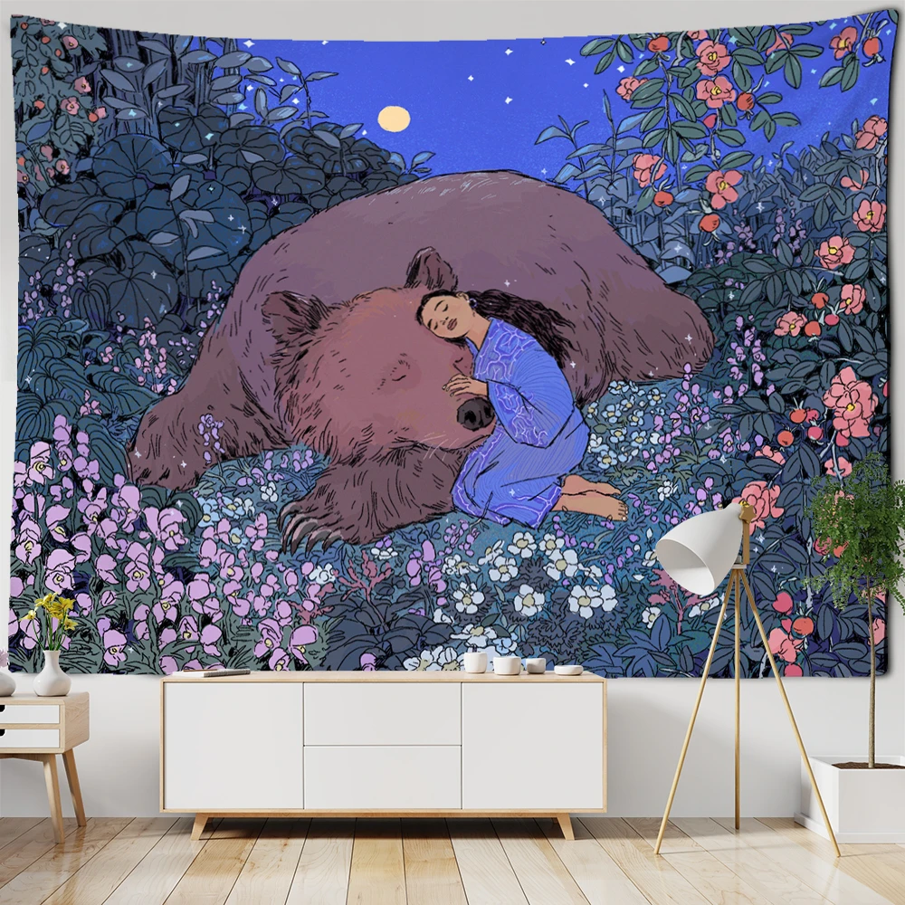 

Mysterious Forest Tapestry Wall Hanging Flowers Jungle Animals Moon Ocean Landscape Illustration Room Home Decor