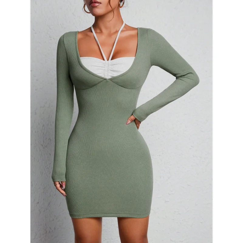 

YQ1-Sexy Style Square Neck Long Sleeve Dress Winter New Pullover Tie Design Mid-Waist Bodycon Short Dress
