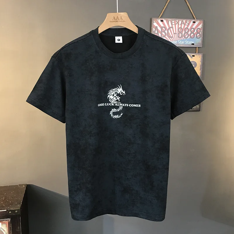 

Fashionable printed top for men, trendy casual retro washed high-end loose round neck elastic short sleeved T-shirt for men