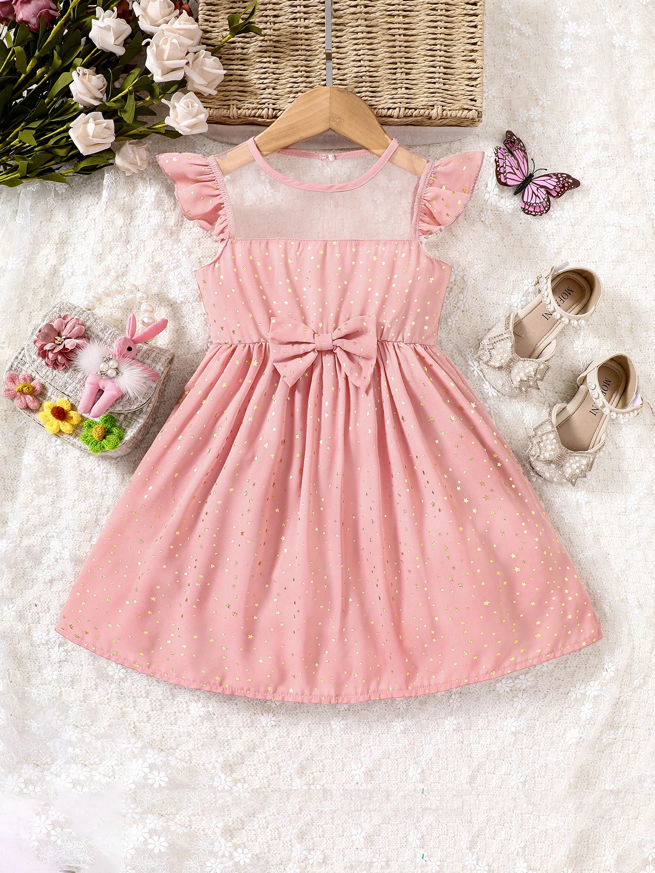 Summer New Sweet Little Flying Sleeves for Small and Medium Girls with Bow Tied Gold Star Flying Sleeves Dress