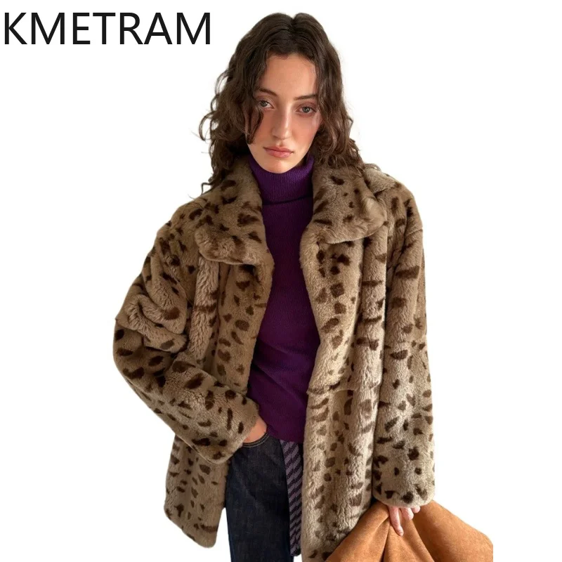 KMETRAM Real Rex Rabbit Fur Jacket Women 2026 New Vintage Leopard Print Winter Coat Women Real Fur Woman Jacket Пальто Женское
