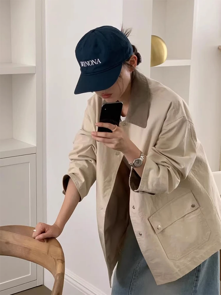 

Chic Autumn New Sle Retro Color Blo Long Sve Loose Casual Coat for Women with Lapel And Big kets Commute Sle