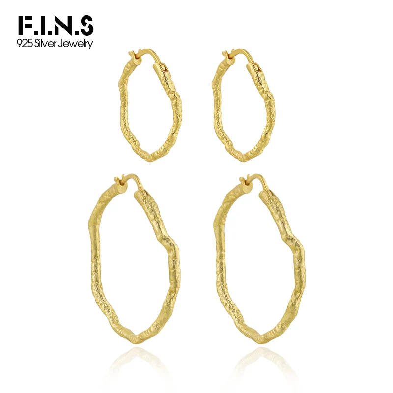 

F.I.N.S Korean Texture Geometric Irregular Circle S925 Sterling Silver Hoop Earrings Two Sizes Piercing Ear Buckles Fine Jewelry