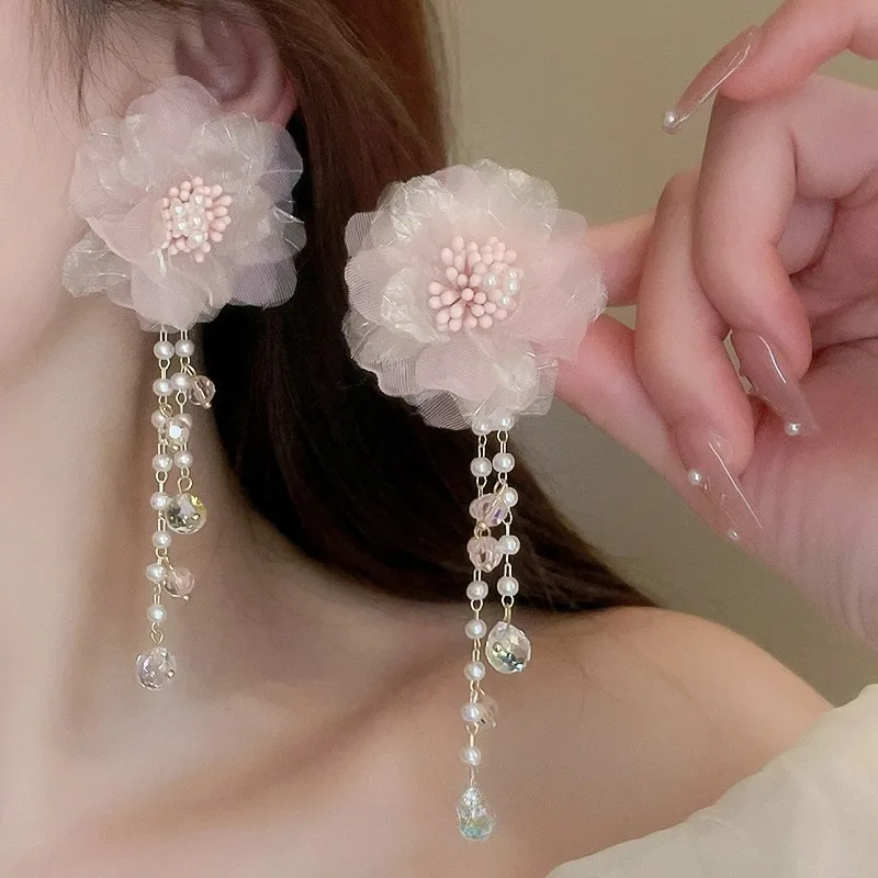 

Rhinestone Shiny Tassel Pink Flower Women's Earrings Korean New Party Wedding Earrings Pendant For Women Jewelry Accessories