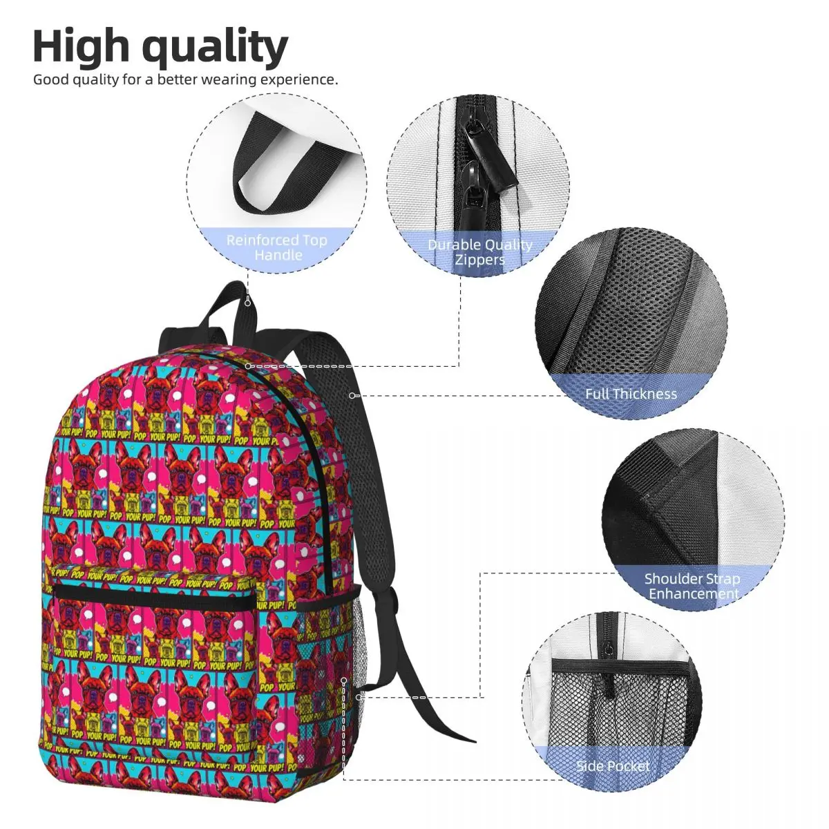Comic Book French Bulldog Pop Your Pup Backpack Daypack Large Capacity Boys Girls BookBag School Bag Shoulder Bags for Men Women