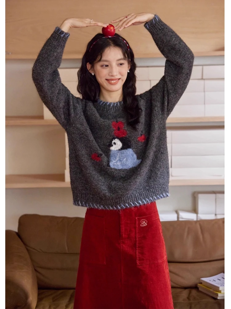 

Милый свитер с вышивкой пингвина, женский осенне-зимний серый винтажный корейский вязаный топ, пуловер с героями мультфильмов, мягкая теплая свободная внутренняя одежда