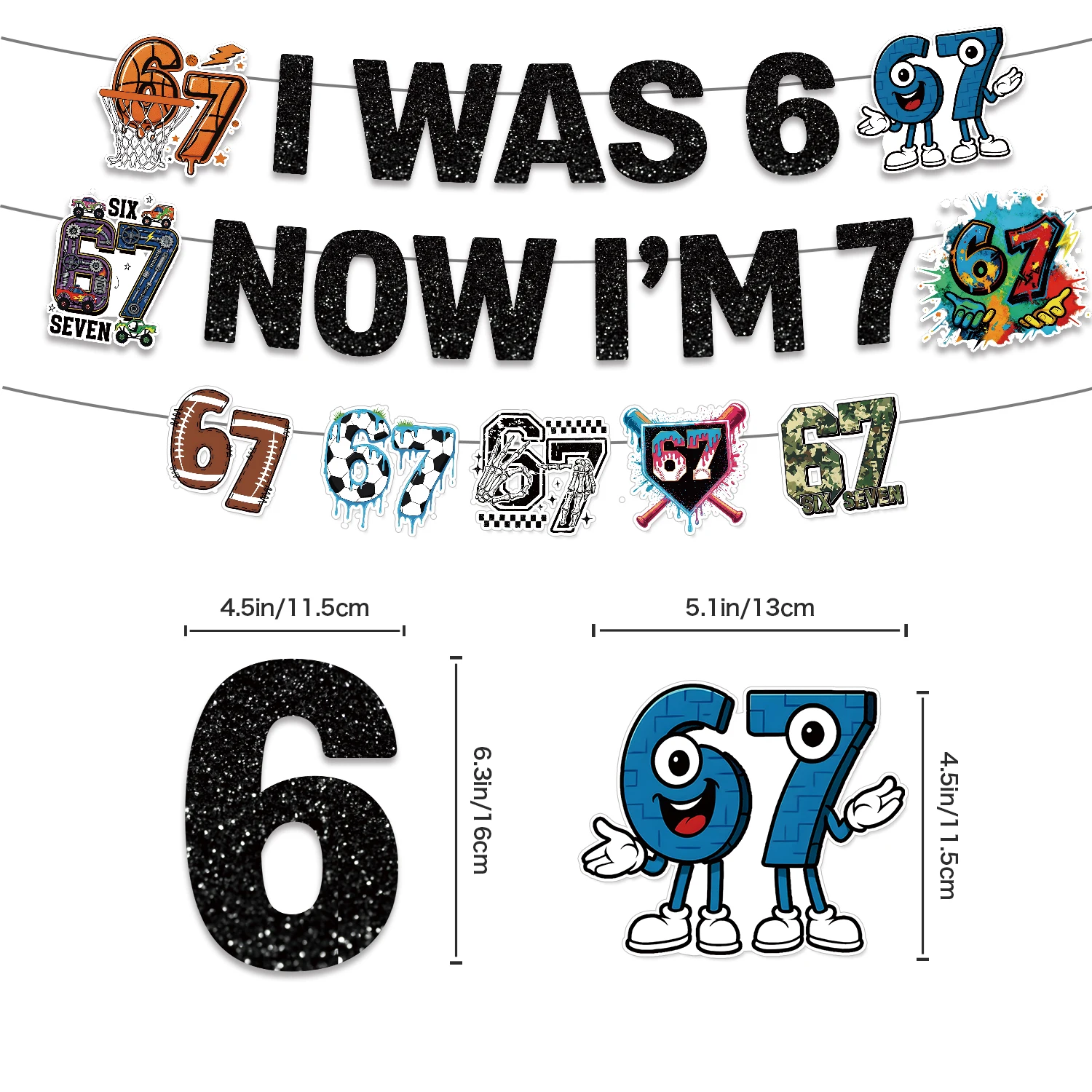 I WAS 6 NOW IM 7 Number 67 Themed Birthday Party Decoration Banner Balloon Cake Toppers＆ Make A Face DIY Stickers Creative Gift view 3